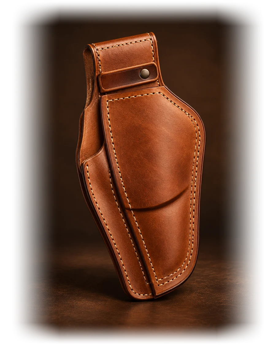 Holster haut de gamme en cuir cognac avec coutures artisanales